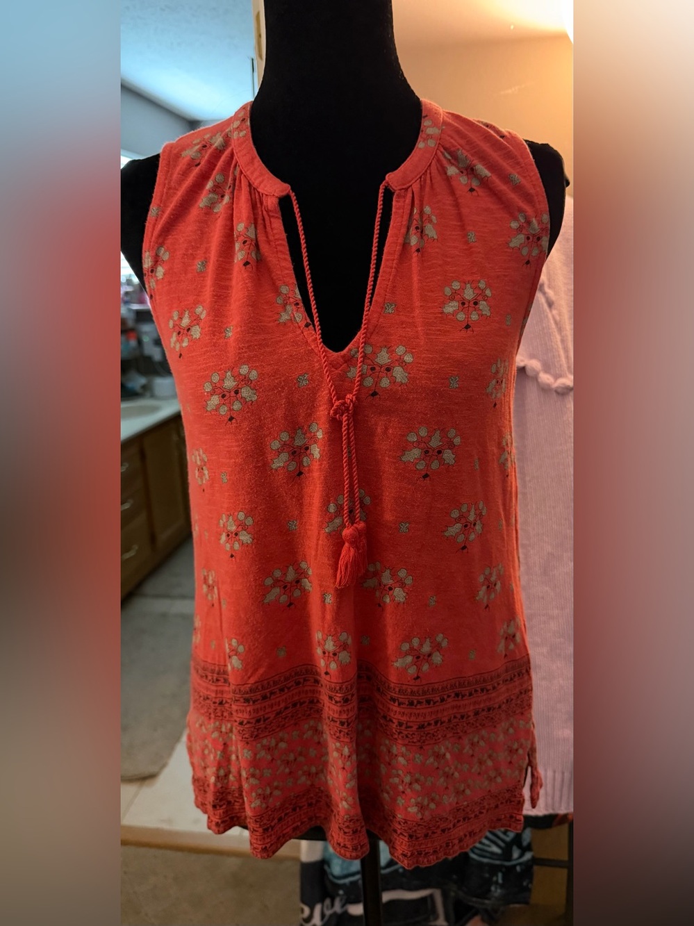 Lucky Brand Coral Red Tassel Tie Floral Camisole